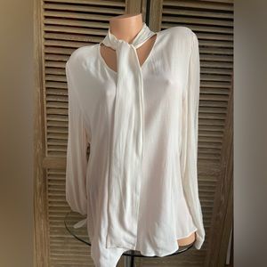 Cream blouse, attached neck tie, 100% rayon, Large
